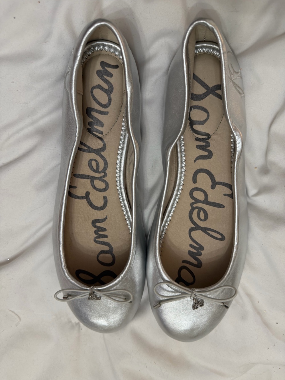 Sam Edelman Metallic Silver Bow-Accent Ballet Flats